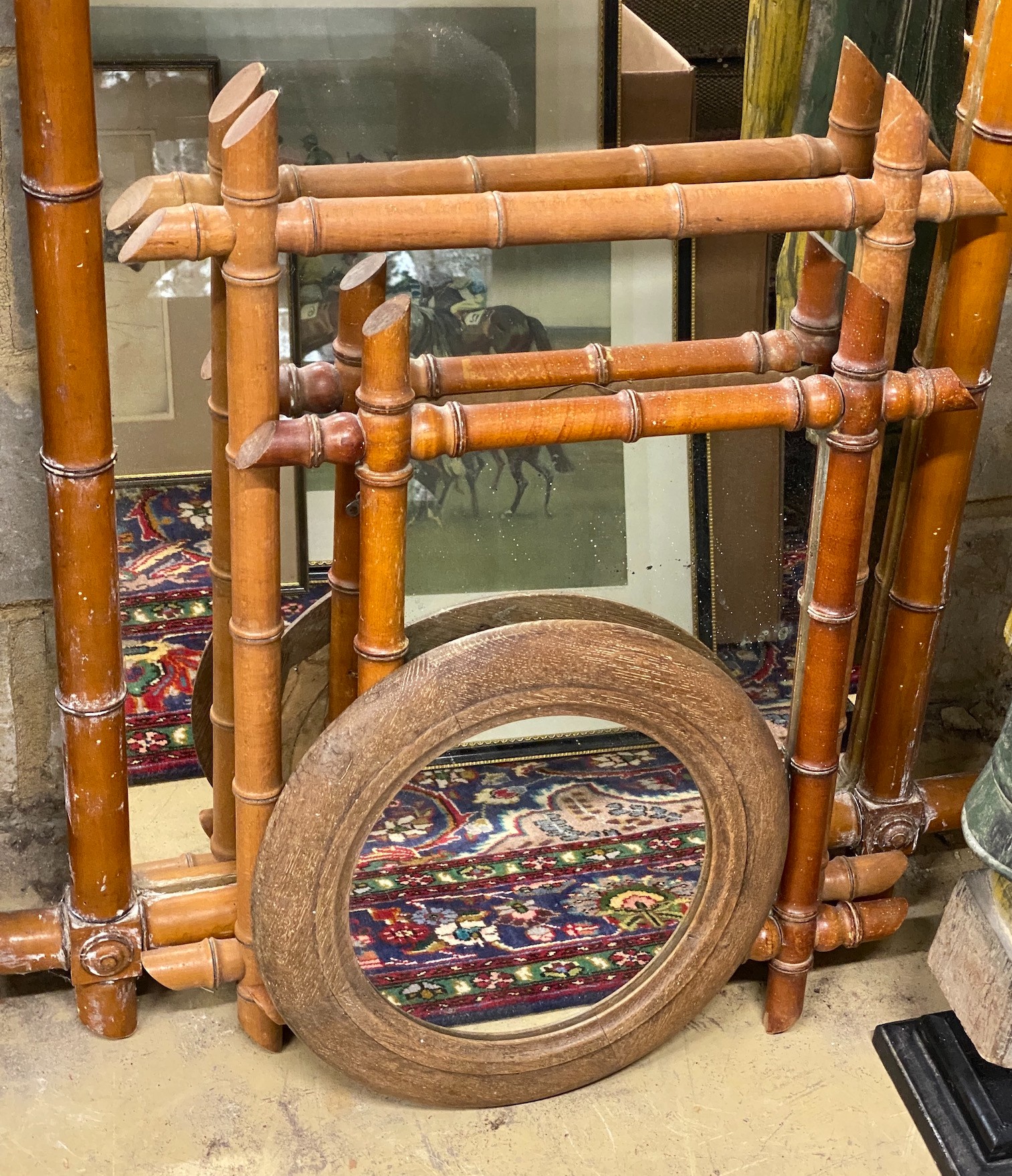 Three faux bamboo rectangular wall mirrors, largest width 79cm, height 134cm
